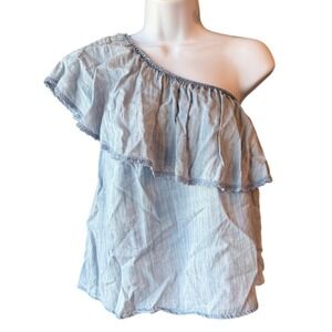 ALTAR'D STATE One Shoulder Chambray‎ Shirt Ruffle Blouse Blue Size Small